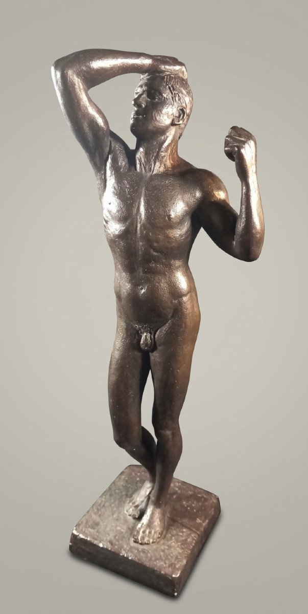 Statue Homme Nu Athlète Sculpture Terre Cuite Patinée XXe Austin Prod 1965 Vintage