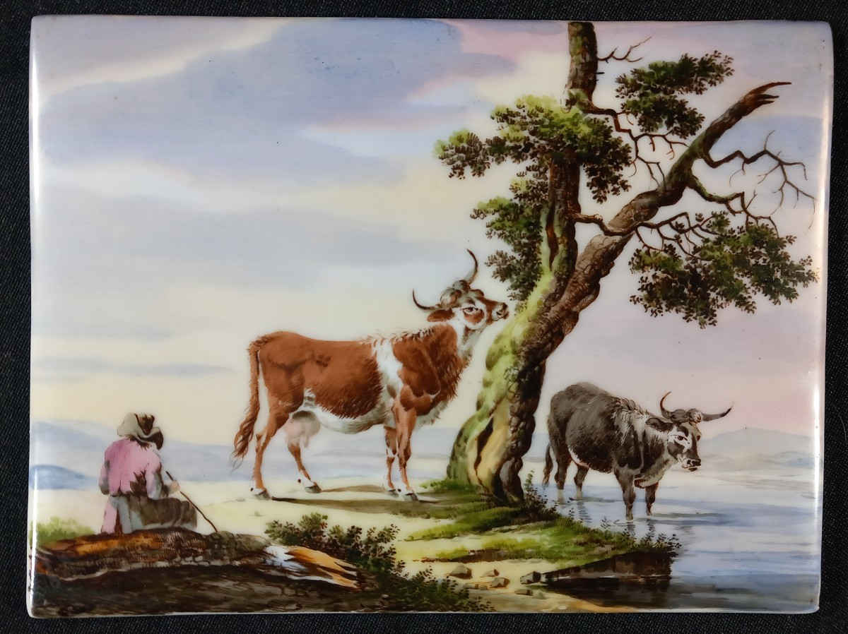 Vaches au Bord d'un Lac Peinture sur Porcelaine fin XVIIIe- debut XIXe siècle Romantisme