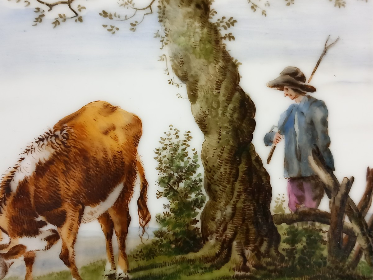 Cow, Donkey, Dogs And Shepherd By A Lake, Porcelain Painting, 18th/19th Century, Romantic-photo-3