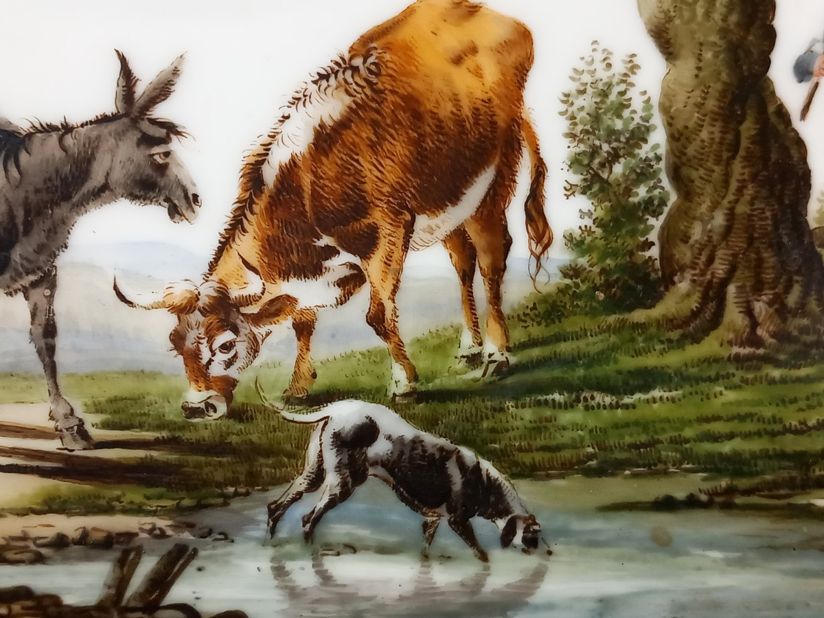 Cow, Donkey, Dogs And Shepherd By A Lake, Porcelain Painting, 18th/19th Century, Romantic-photo-4