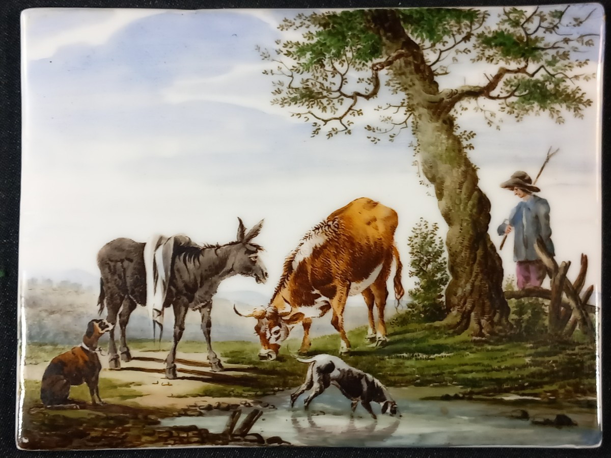 Cow, Donkey, Dogs And Shepherd By A Lake, Porcelain Painting, 18th/19th Century, Romantic