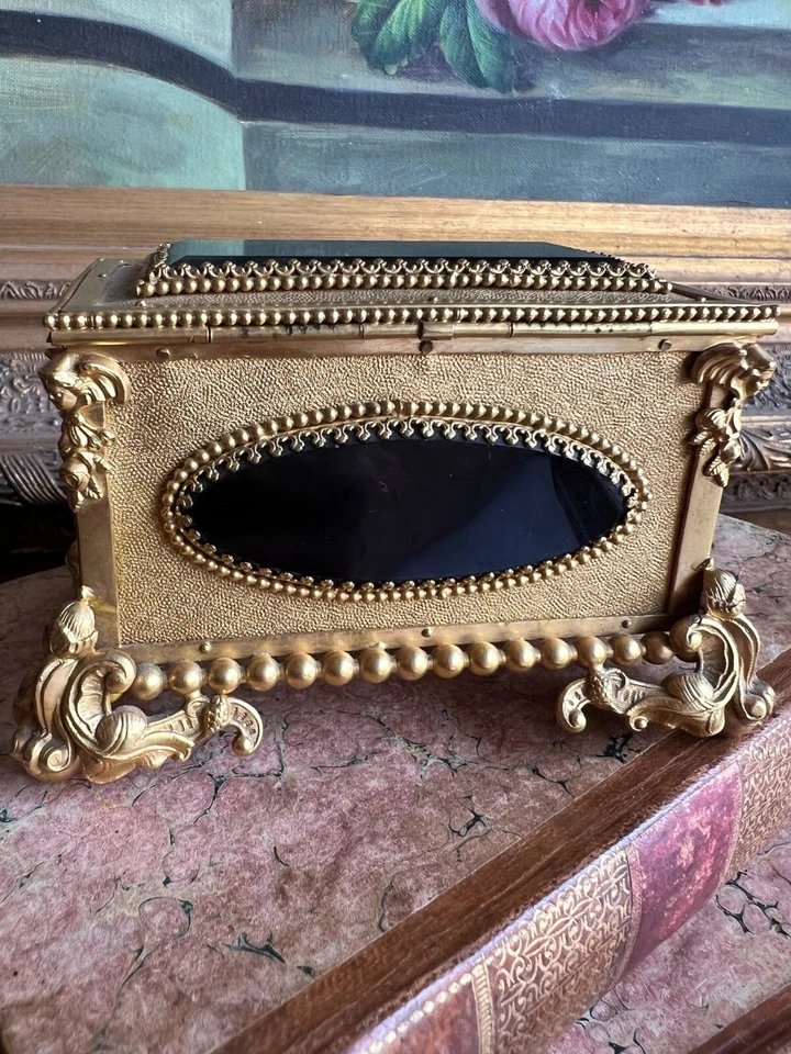 Nicolas Morfau Coffret Bijoux Métal Doré XIXe Epoque Napoléon III Verres Noir-photo-5