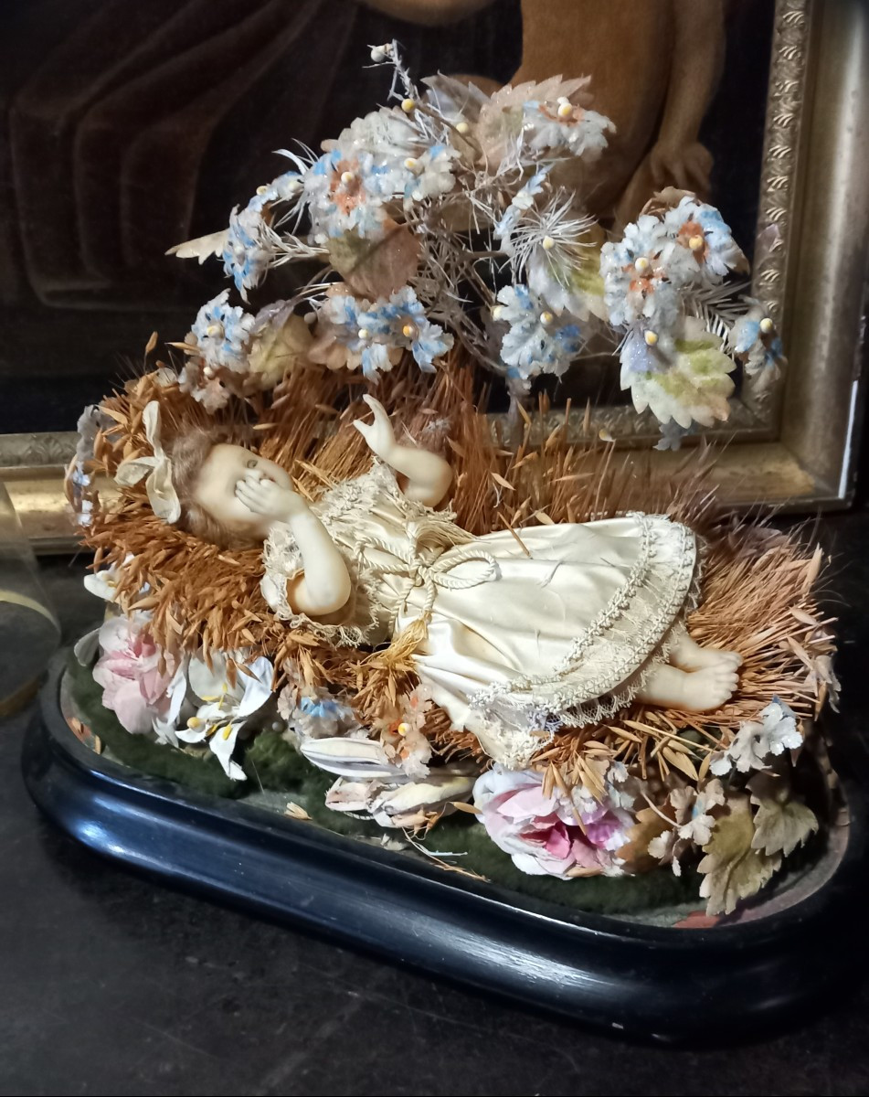 Enfant Jésus Mécanique Animé Cire XIXe Globe Verre Automate Objet de Dévotion-photo-2