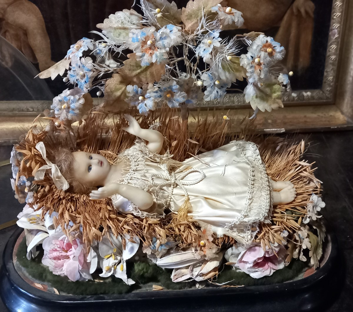 Enfant Jésus Mécanique Animé Cire XIXe Globe Verre Automate Objet de Dévotion