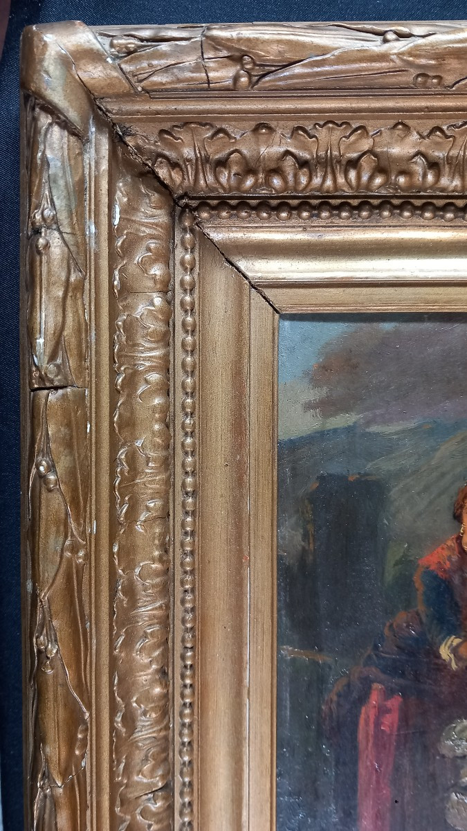 Ecole Française XIXe Huile sur Panneau Jeune Femme au Puit Fontaine -photo-2