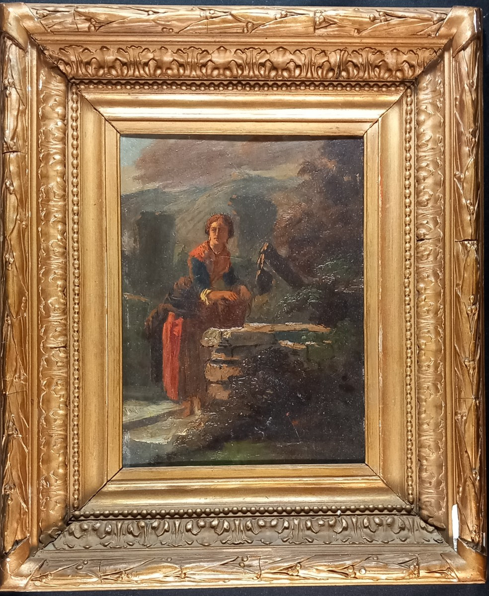 Ecole Française XIXe Huile sur Panneau Jeune Femme au Puit Fontaine 