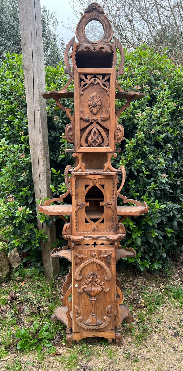 Display Cabinet Made Of Carved Wooden Crates, 20th Century Folk Art