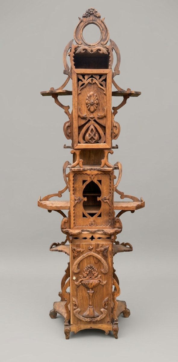 Display Cabinet Made Of Carved Wooden Crates, 20th Century Folk Art