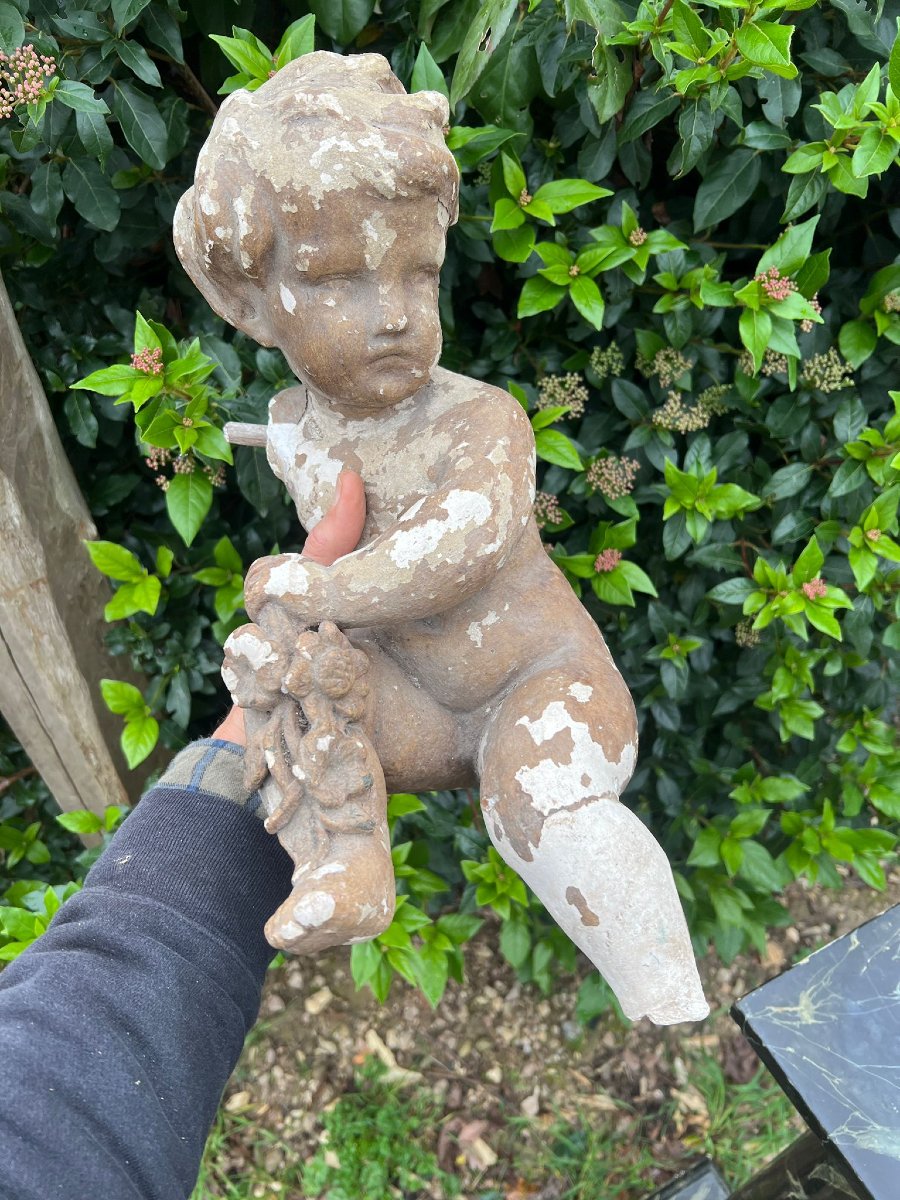 Angel Or Putto Putti In Patinated Plaster, 18th Century Sculpture-photo-3
