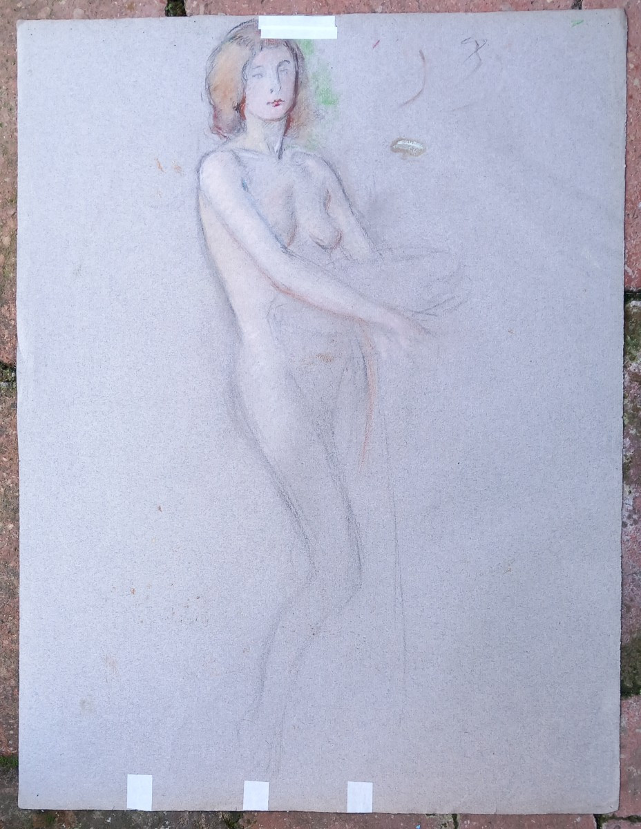 Edouard Julien Nu à la Pomme Jeune Fille Dessin Crayon et Pastel sur Papier XXe Siècle Albi-photo-3