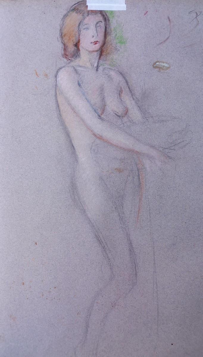 Edouard Julien Nu à la Pomme Jeune Fille Dessin Crayon et Pastel sur Papier XXe Siècle Albi-photo-4