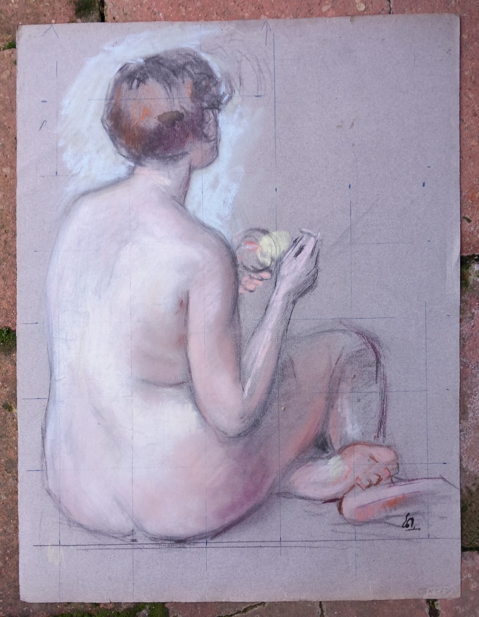 Edouard Julien Nu à la Pomme Jeune Fille Dessin Crayon et Pastel sur Papier XXe Siècle Albi-photo-1