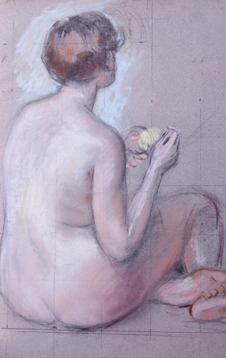Edouard Julien Nu à la Pomme Jeune Fille Dessin Crayon et Pastel sur Papier XXe Siècle Albi