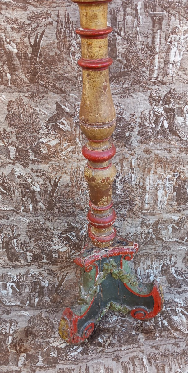 Candelabre d'Eglise XVIIIe Siècle Bois Sculpté et Peint-photo-3