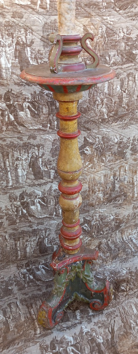 Candelabre d'Eglise XVIIIe Siècle Bois Sculpté et Peint