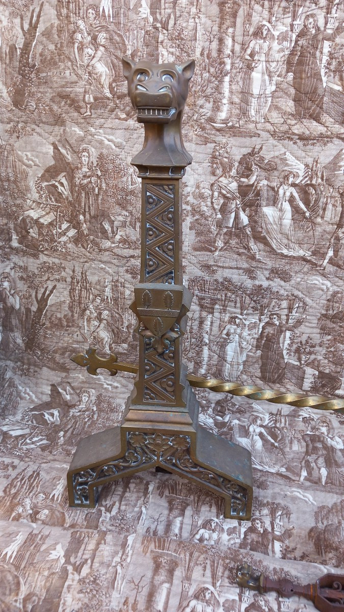 Garniture de Cheminée Medieval Renaissance Bronze Chenets Pince Barre XIXe Siècle -photo-2