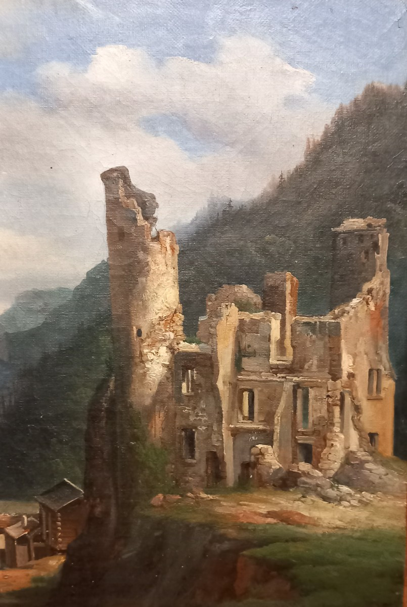 Mountain Panorama, Switzerland Valais Romantic Castle Ruins, Oil On Canvas, Early 19th Century -photo-2