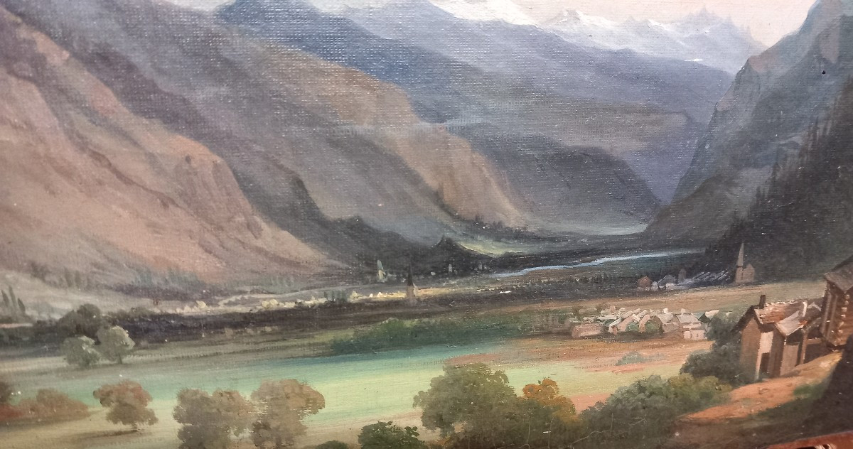 Mountain Panorama, Switzerland Valais Romantic Castle Ruins, Oil On Canvas, Early 19th Century -photo-4