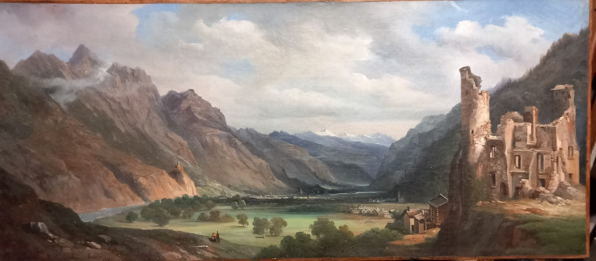 Mountain Panorama, Switzerland Valais Romantic Castle Ruins, Oil On Canvas, Early 19th Century 