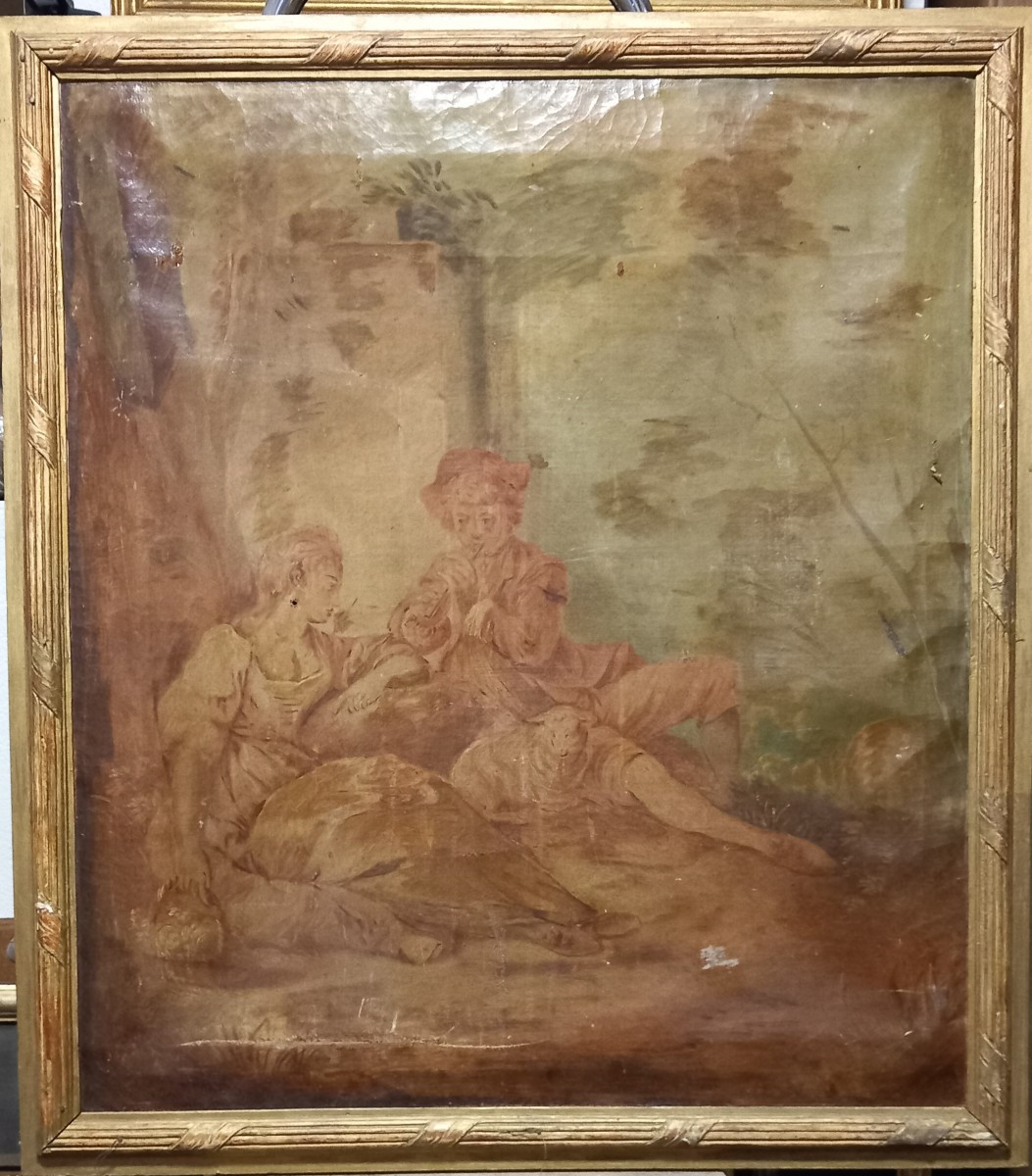 Les Enfants Musiciens, Huile sur Toile Dessus de Porte Trumeau Camaieu de Sanguine XVIIIe 