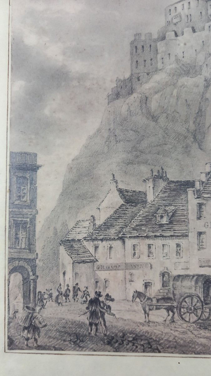 View Of Edinburgh Castle In Scotland. 19th-century Pencil Drawing.-photo-3