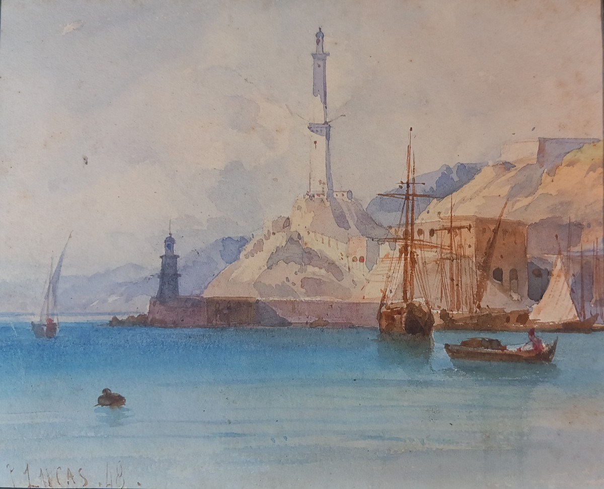 Lantern Of Genoa, Watercolor On Paper, 1848, Italy, Lighthouse, Liguria 