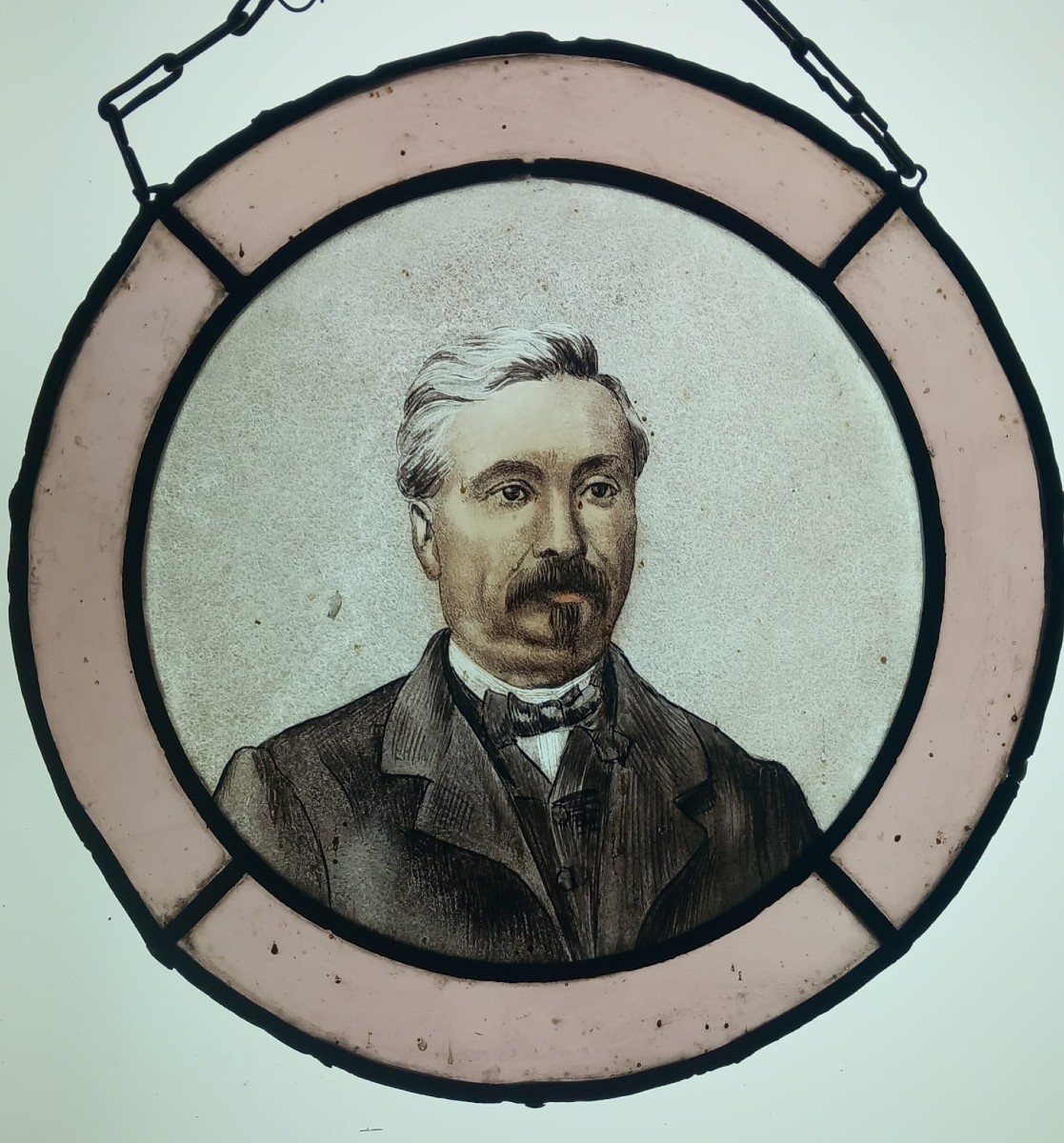 Augustin Louis Calmels Of Carmaux Portrait Painted On Glass And Stained Glass Frame