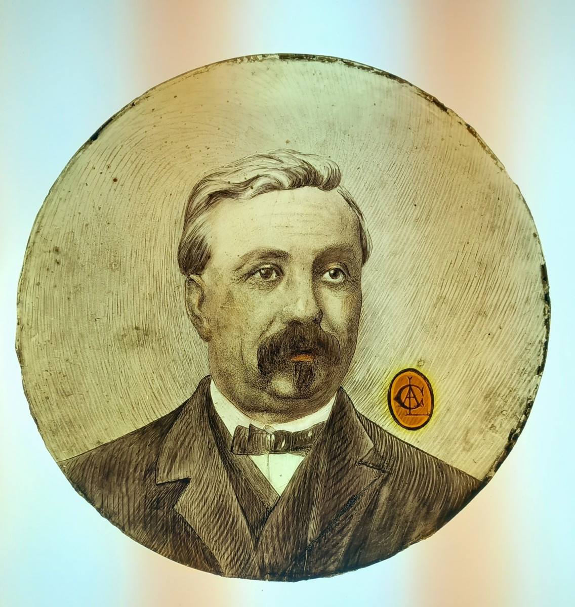 Augustin Louis Calmels Of Carmaux Portrait Of A Man Painted On Glass And Framed In Stained Glass