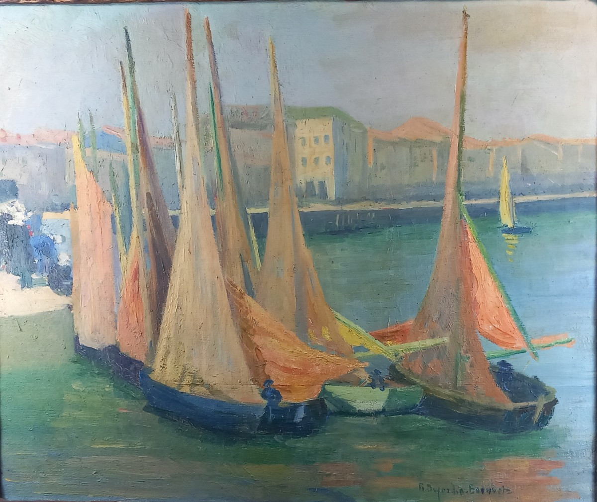 Rose DUJARDIN-BEAUMETZ "Le Port des Sables d'Olonne" Huile sur Toile Vendée Marine -photo-2