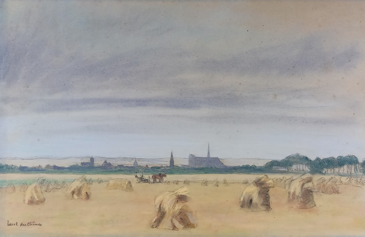 Terrel Des Chenes Pencil Drawing Landscape Of Harvests In Amiens (somme)