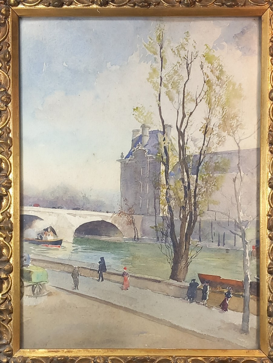 The Pavillon De Flore At The Louvre, Paris, Quai Voltaire, Watercolor, 20th Century, Booksellers-photo-2
