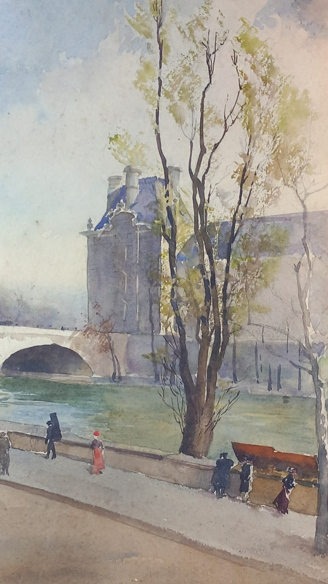 The Pavillon De Flore At The Louvre, Paris, Quai Voltaire, Watercolor, 20th Century, Booksellers-photo-3
