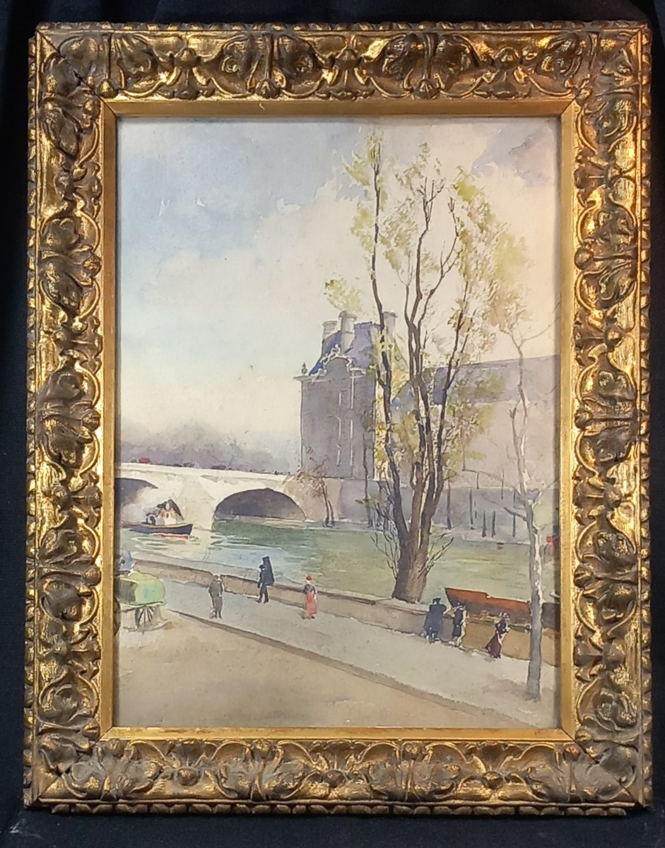 The Pavillon De Flore At The Louvre, Paris, Quai Voltaire, Watercolor, 20th Century, Booksellers