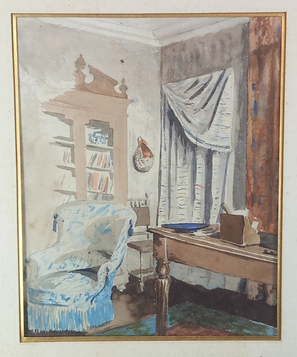 "conversation Piece" Interior Scenes: Study And Bedroom, Napoleon III Watercolors-photo-2
