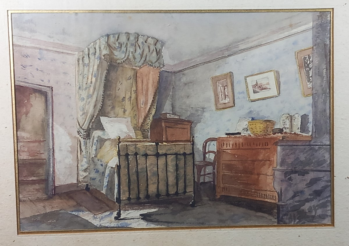 "conversation Piece" Interior Scenes: Study And Bedroom, Napoleon III Watercolors-photo-3
