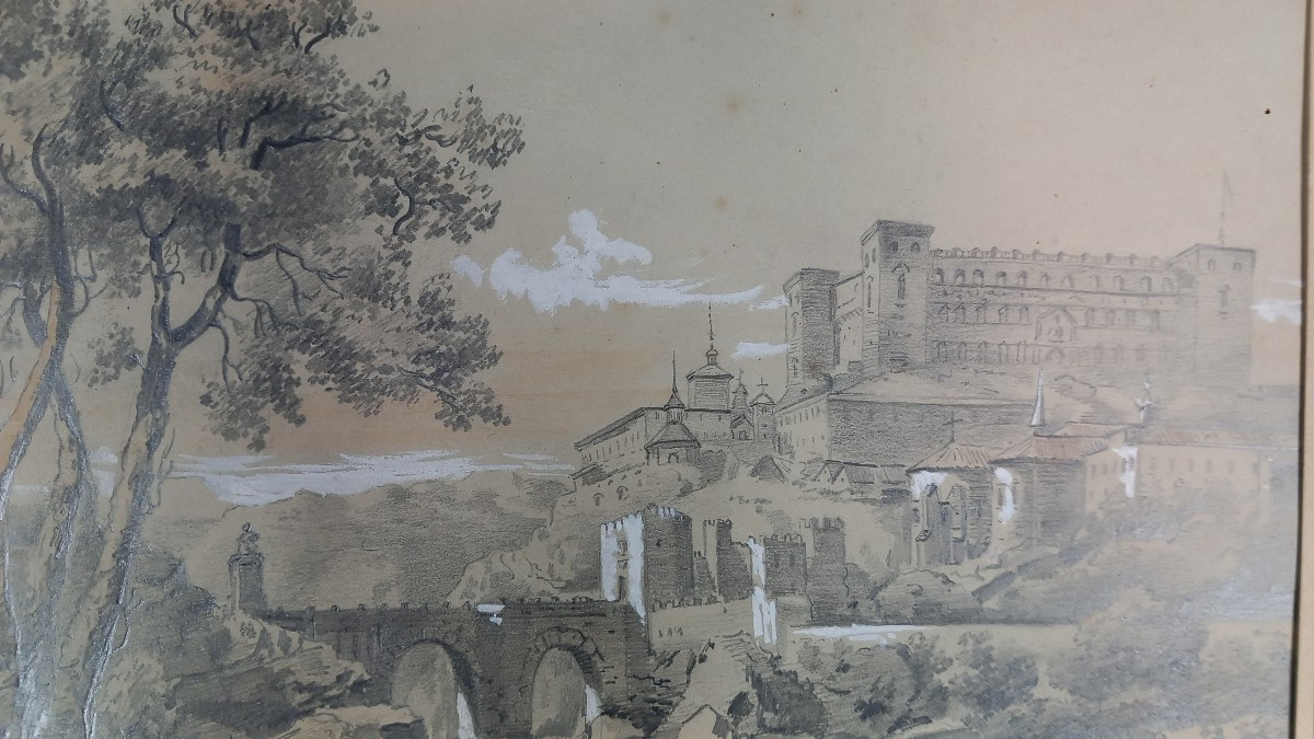 Romantic Drawing Of The Alcázar, Toledo, Castile-la Mancha, Spain, Alcántara Bridge, 19th Century-photo-3