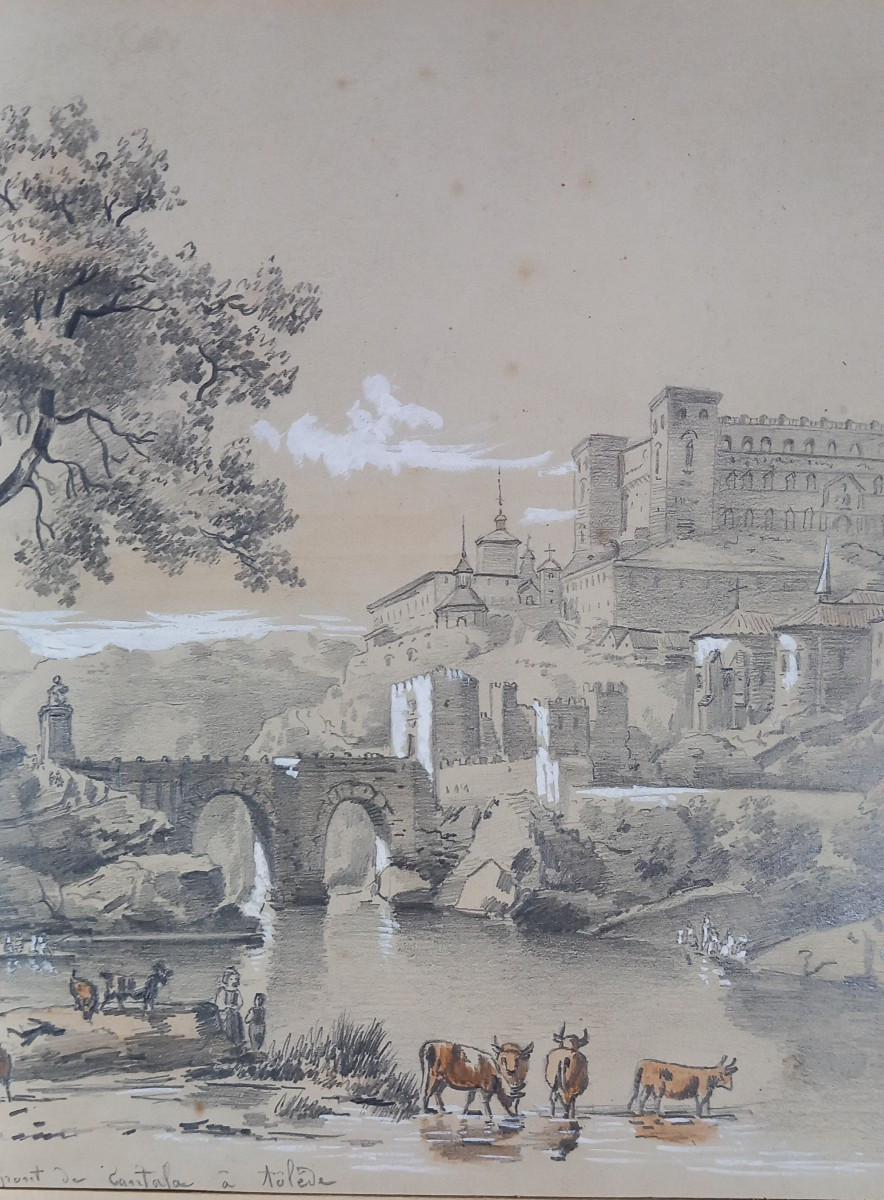 Romantic Drawing Of The Alcázar, Toledo, Castile-la Mancha, Spain, Alcántara Bridge, 19th Century-photo-4