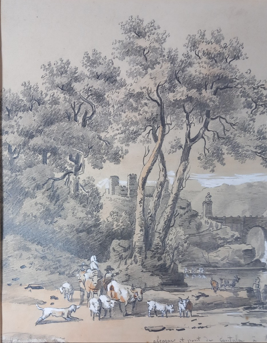 Romantic Drawing Of The Alcázar, Toledo, Castile-la Mancha, Spain, Alcántara Bridge, 19th Century-photo-1