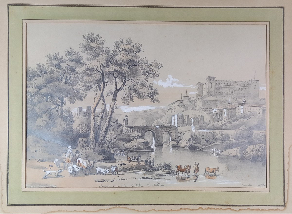 Romantic Drawing Of The Alcázar, Toledo, Castile-la Mancha, Spain, Alcántara Bridge, 19th Century