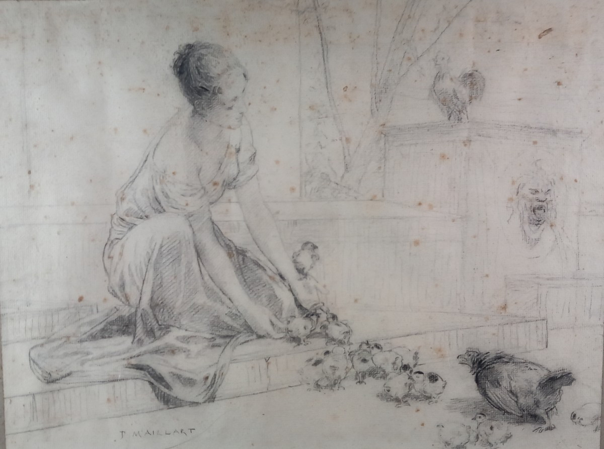 Diogenes Maillart, Young Girl, Hens And Chicks At The Fountain, 19th Century Drawing-photo-2