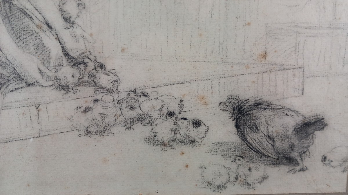 Diogenes Maillart, Young Girl, Hens And Chicks At The Fountain, 19th Century Drawing-photo-3