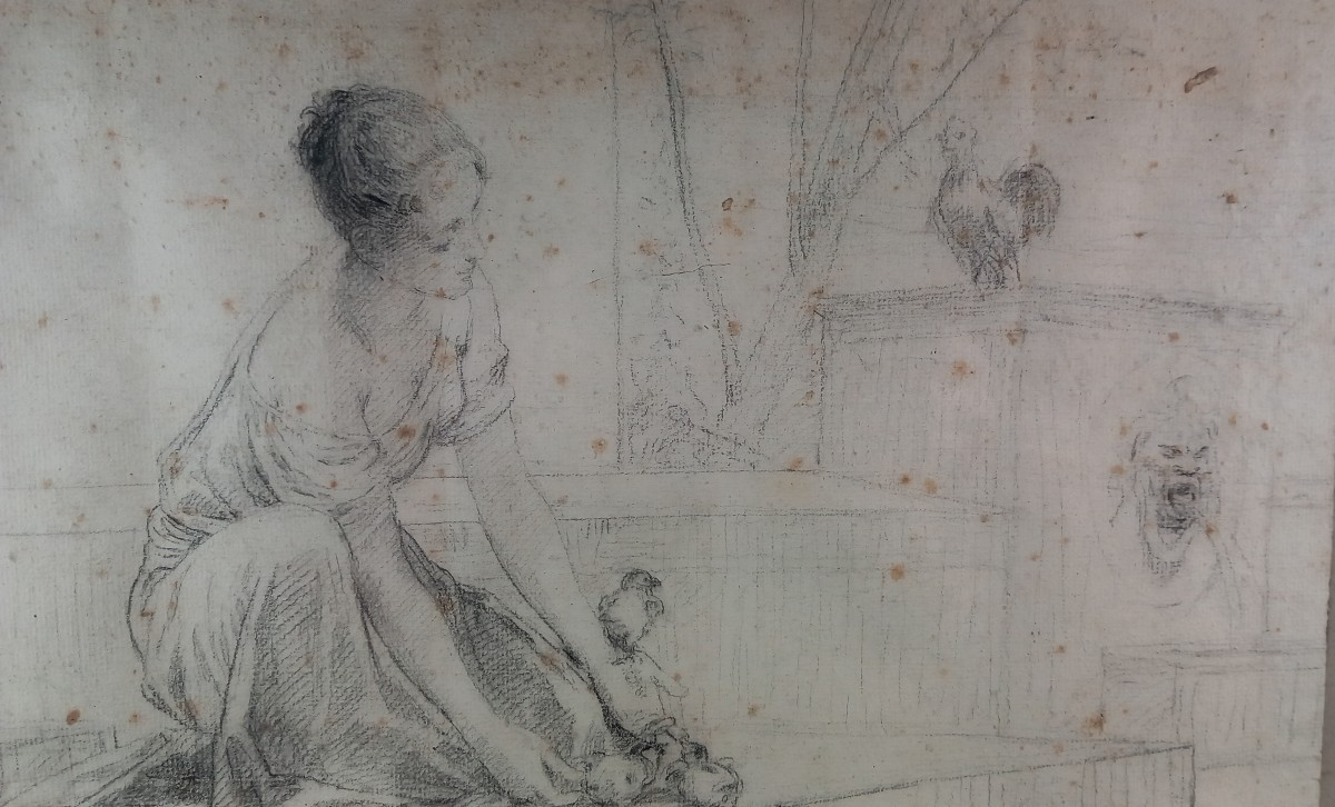 Diogenes Maillart, Young Girl, Hens And Chicks At The Fountain, 19th Century Drawing-photo-4