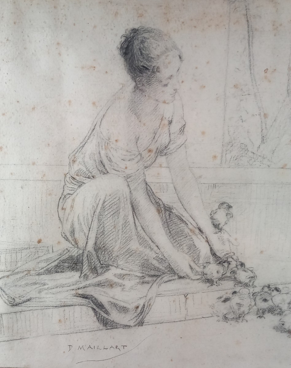 Diogenes Maillart, Young Girl, Hens And Chicks At The Fountain, 19th Century Drawing-photo-1