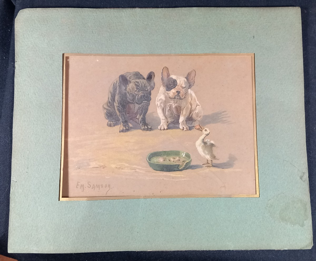 Emmanuel Samson (1860-1926) "the Glutton" Duckling And French Bulldog 19th Century Drawing-photo-2
