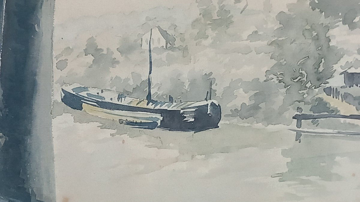 Henry-julien Detouche 1854-1913 The Seine At Lower Meudon Issy Les Moulineaux Paris Watercolor -photo-3