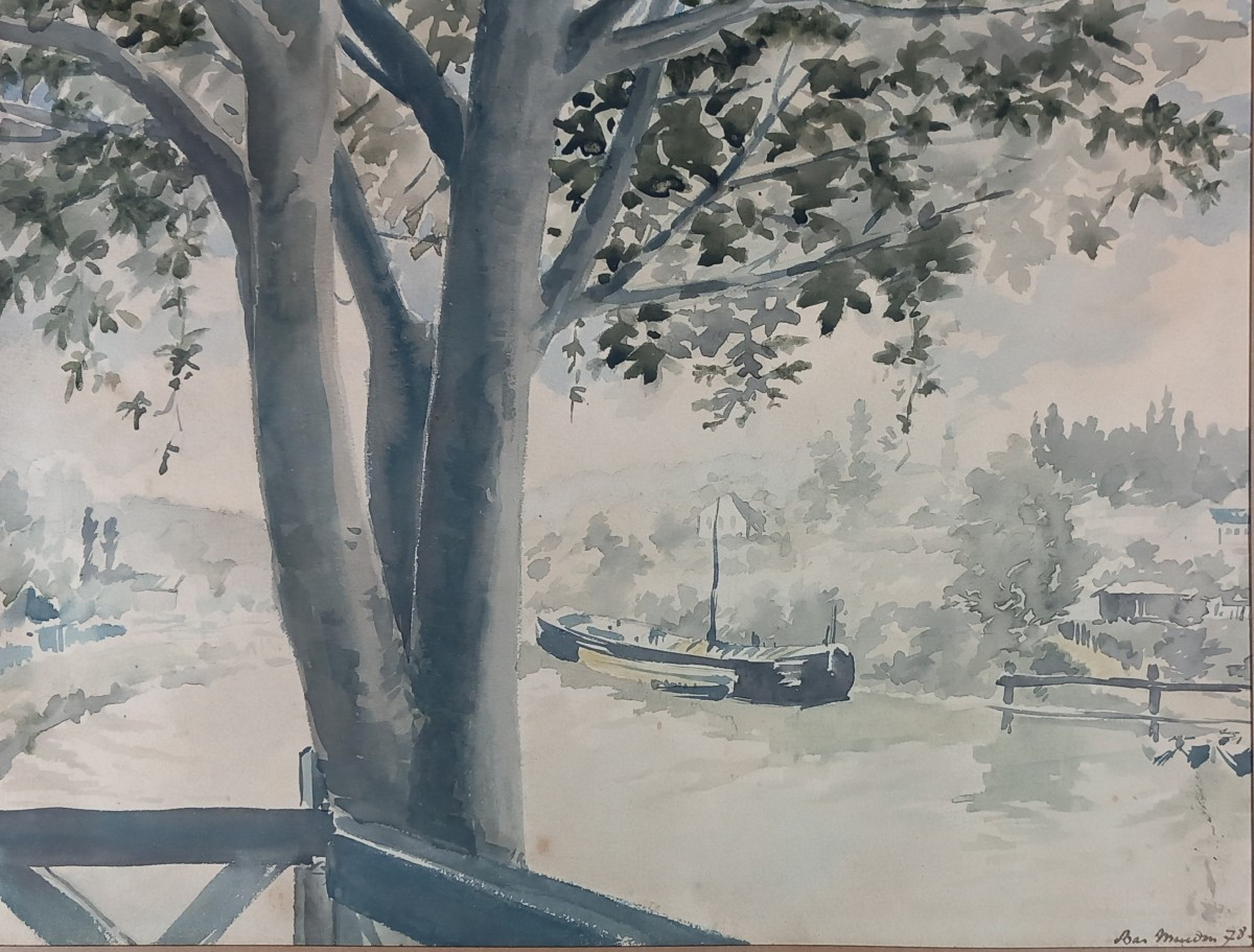 Henry-julien Detouche 1854-1913 The Seine At Lower Meudon Issy Les Moulineaux Paris Watercolor 