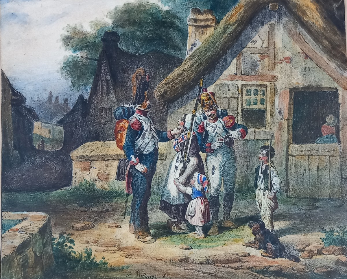 Hippolyte Bellangé 1809-1866 "La Halte des Grenadiers" Dessin au crayon et gouache 1829