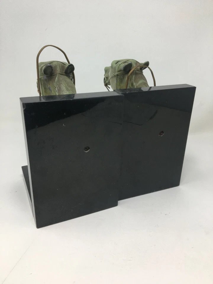 Paire de Serre Livres Art Deco Régule et Marbre Chevaux Equitation Courses Cheval -photo-2