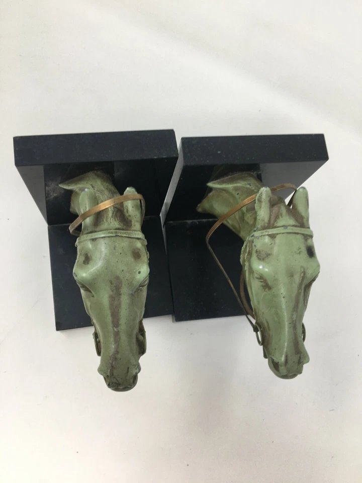 Paire de Serre Livres Art Deco Régule et Marbre Chevaux Equitation Courses Cheval -photo-3