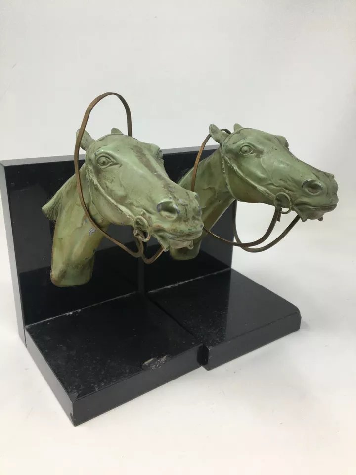 Paire de Serre Livres Art Deco Régule et Marbre Chevaux Equitation Courses Cheval -photo-4